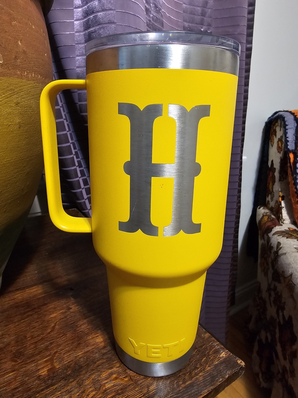 Yeti Yellow Travel Mug with Silver Monogram and Handle